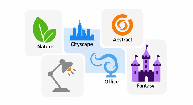 A collection of six icons representing nature, cityscape, abstract, office, fantasy