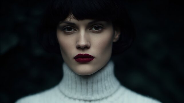 Woman with short black hair and bold red lipstick