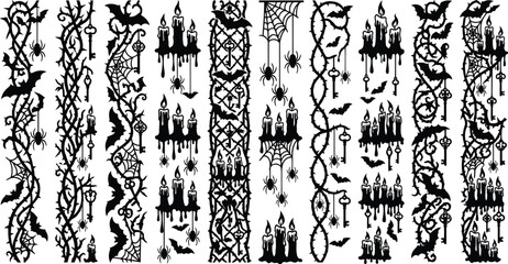 Gothic Halloween Vertical Borders Silhouette Set with Bats, Spiders, Vines, and Candles © Sourav