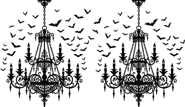 Ornate chandeliers with bats black silhouette on white background