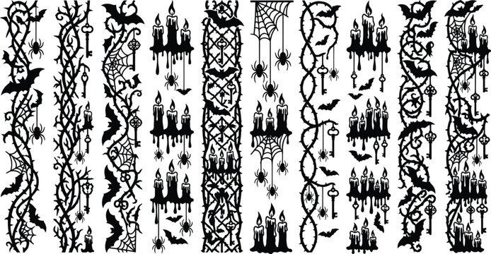 Gothic Halloween Vertical Borders Silhouette Set with Bats, Spiders, Vines, and Candles