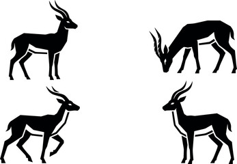 Fototapeta premium Antelope silhouette vector set featuring wild gazelle characters in standing running and grazing poses isolated on white background