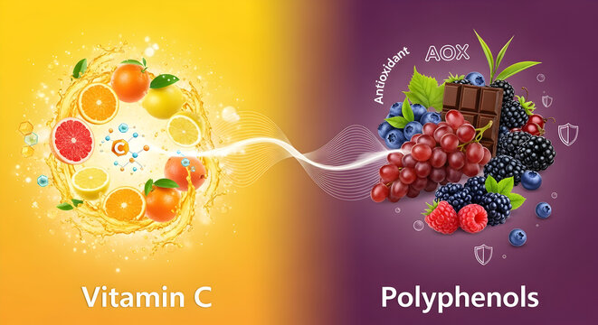 Vibrant fruits bursting with vitamin c on the left and dark berries rich in polyphenols on the right connected by a glowing energy stream