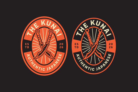 Crossed kunai retro badge logo design set for martial art. Ninja knives crossed vintage patch symbol pack for combat sport. Traditional kunai rustic emblem element designs for merchandise