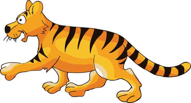 Funny striped tiger side view walking pose cartoon illustration