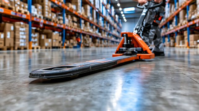 Close up of an empty manual pallet jack on a polished concrete warehouse floor with concrete