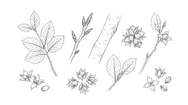 Vintage botanical sketches of beech tree elements, hand drawn line art of leaves and nuts, set of 9 organic forest plant vector illustrations
