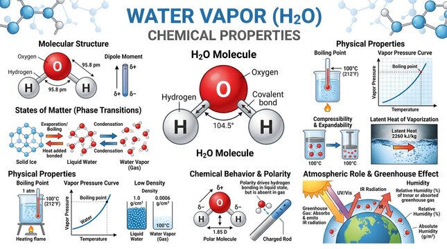 Water vapor (H₂O) chemical properties infographic describing molecular structure and polarity, states of matter, boiling and melting behavior, latent heat of vaporization, chemical reactivity and its 