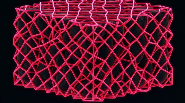 ネオンクリムゾンの前駆体が暗い流体中で重合し幾何学的な格子構造へと変化する物理シミュレーションCG