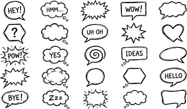 Hand Drawn Comic Bubble Icons With Fun Expression Symbols And Communication Elements