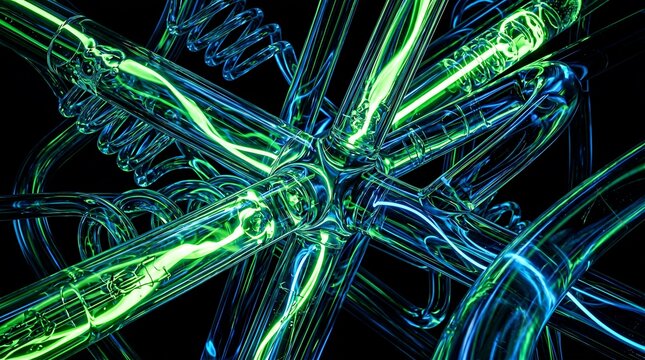 Abstract Glass Cylinders Illuminated by Neon Green and Blue Light