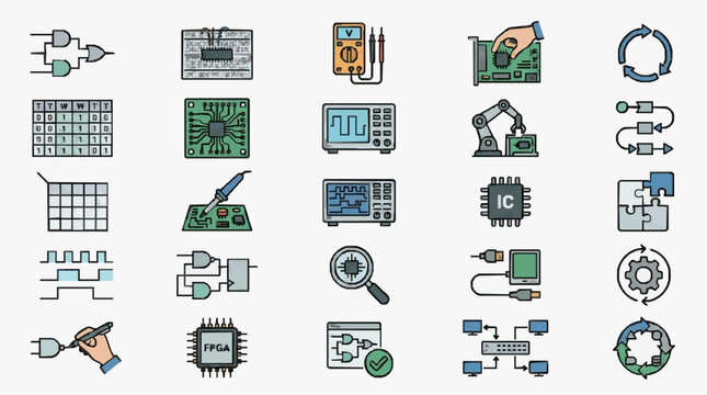 Corporate Digital Transformation and Integrated Circuit Design Methodology Framework with high professional line art symbols for modern creative design and digital branding projects