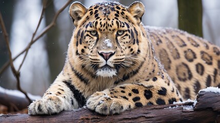 Fototapeta premium Resting Snow Leopard on Rocky Surface in Natural Habitat Wildlife Portrait