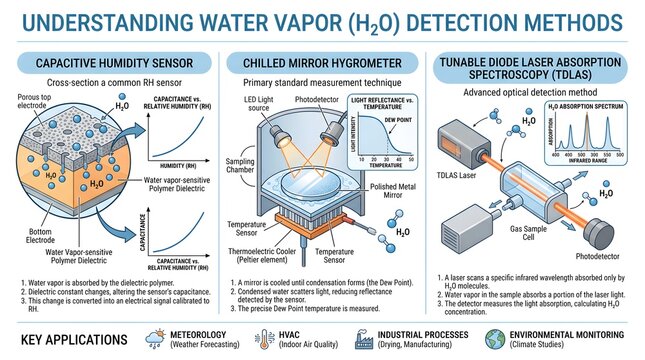 Understanding water vapor (H₂O) detection methods infographic comparing capacitive humidity sensors, chilled‑mirror hygrometers and tunable diode laser absorption spectroscopy (TDLAS), with principles