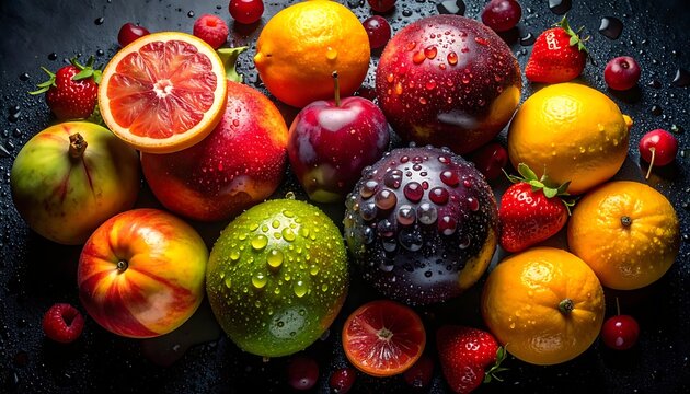 A vibrant arrangement of fresh fruits on a dark background (7)
