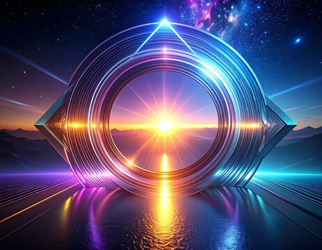 A vibrant, futuristic portal glows brightly on a reflective surface