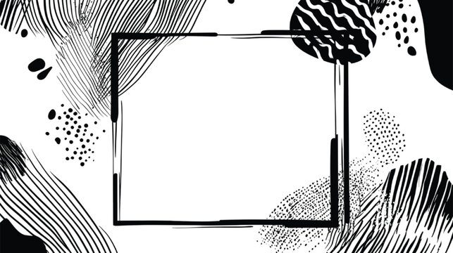 Geometric frame sits amidst a chaotic arrangement of swirling lines and dotted patterns that blend modern artistic flair with a high contrast monochrome palette for a sophisticated graphic.
