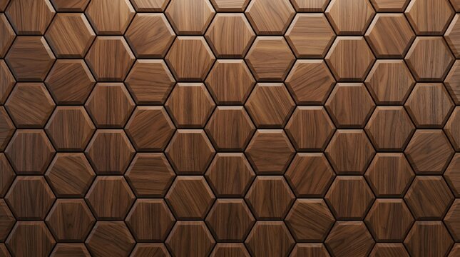 Abstract wooden texture background composed of many interlocking hexagons arranged in tight pattern.