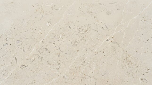 Detailed close up of cream colored stone slab featuring spiral fossils and elegant vein textures.