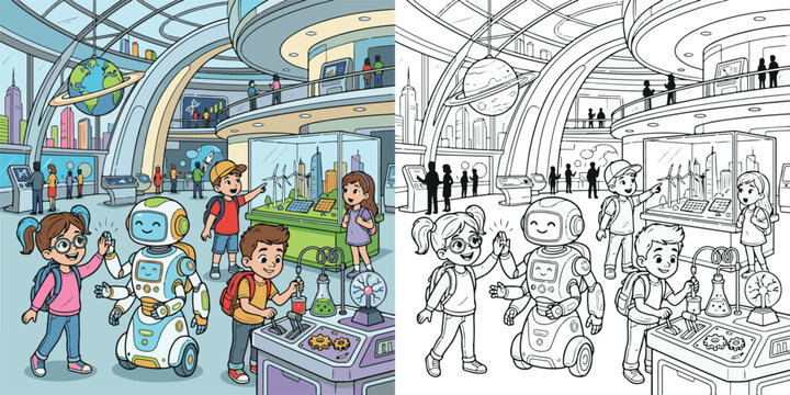 science city adventure school student boy girl educational study tour adventure cartoon clipart and lineart print vector illustration for color coloring book
