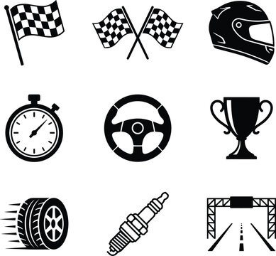 Car racing and motorsport silhouette icon set featuring checkered flags helmet stopwatch steering wheel trophy tire and spark plug vectors