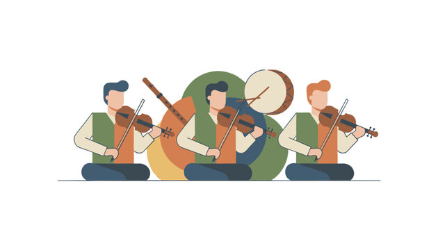 Group of musicians playing violin flute and drum in flat illustration style for cultural performance and musical ensemble concepts on a white background.