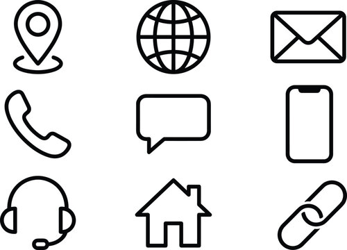 Contact us business communication line icon set featuring black phone mail location globe home headset and link vectors
