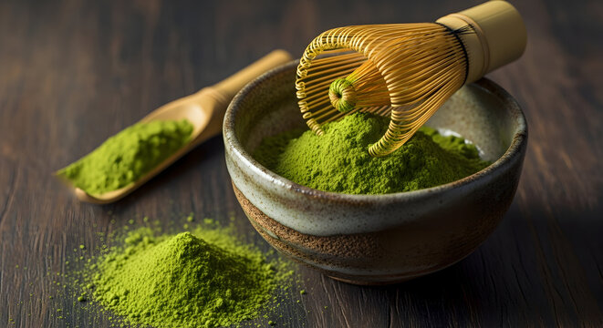Vibrant green matcha powder is scooped into a traditional ceramic bowl ready for whisking with a bamboo chasen tool for a ceremonial tea preparation