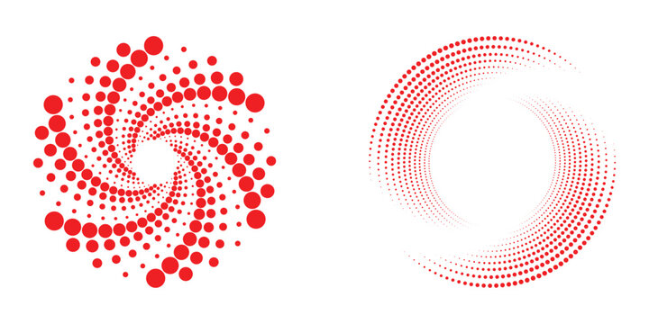 Halftone dots in circle form. Half tones design element. Round dotted frame, circles pattern border and abstract halftone graphic design vector set. Vector illustration.