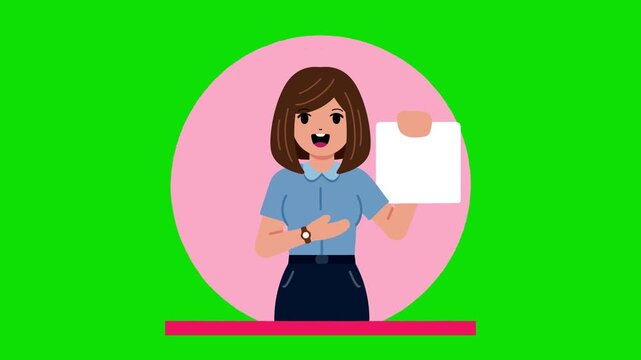 Animated character of a professional woman holding and showing a blank white paper sheet on a pink background.