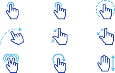 Fototapeta premium Touch screen hand gestures line icon set featuring blue multi touch swipe pinch zoom tap scroll and click vectors