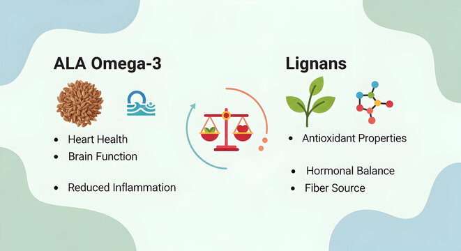 Visual representation of ala omega 3 and lignans highlighting their health benefits and sources with illustrative icons and text