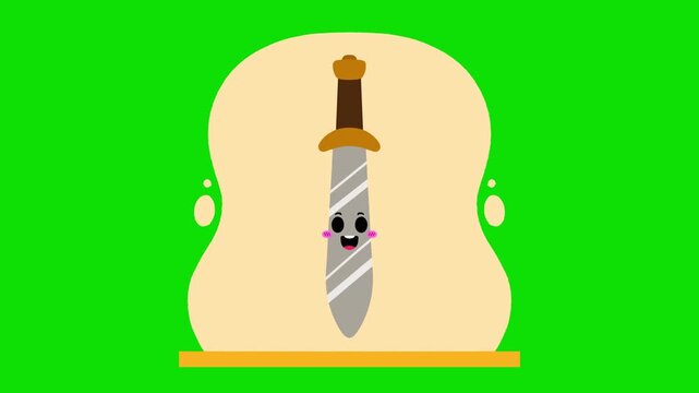 Flat design animation of a cute metallic kitchen knife character smiling inside a yellow circle frame with a green background.