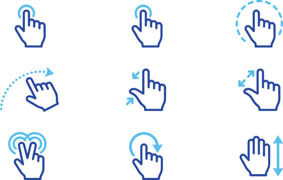 Touch screen hand gestures line icon set featuring blue multi touch swipe pinch zoom tap scroll and click vectors