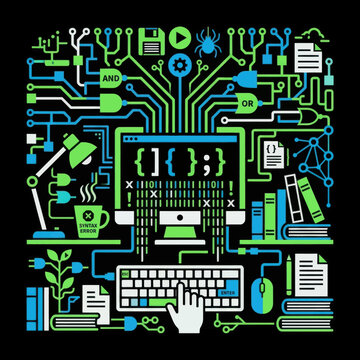 Computer Programming and Software Development Concept Illustration with Digital Circuitry and Coding Elements.