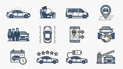 Professional Car Service and Rental Solutions with Advanced Features and Reliability with high professional line art symbols for modern creative design and digital branding projects © Mad