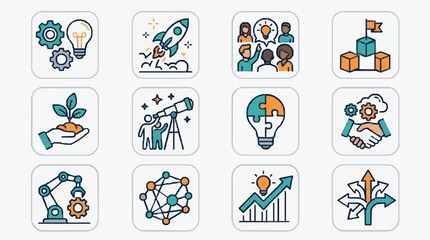 Fototapeta premium Dynamic Framework for Innovation Growth and Collaborative Success Strategies with high professional line art symbols for modern creative design and digital branding projects