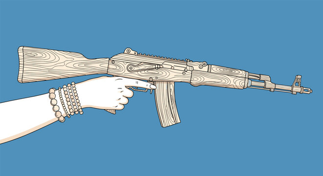 Artistic line drawing of a female hand with beaded bracelets holding a detailed wooden assault rifle against a solid blue background.