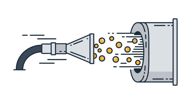 Industrial manufacturing diagram showing golden spheres being fed through a funnel into a cylindrical tube as part of a technical process.