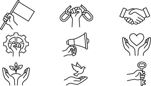 Human rights and freedom line icon set featuring peace dove breaking chains megaphone fist flag handshake and key vectors