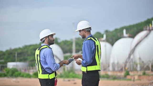 Engineers wearing safety gear, including hard hats examining survey a large blueprint tablet standing industrial facility gas or oil refinery engaged in a job requires high safety standards concept.	
