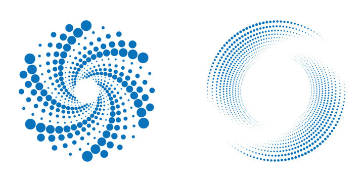 Halftone dots in circle form. Half tones design element. Round dotted frame, circles pattern border and abstract halftone graphic design vector set. Vector illustration.