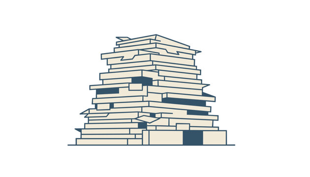 Messy stack of paper documents piled high in a chaotic pyramid structure isolated on a clean white background for office organization concepts.