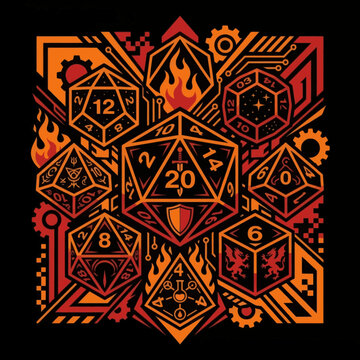 Stylized Tabletop Gaming Dice Set Illustration with Fire and Mechanical Elements.