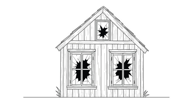 Line drawing of a weathered wooden barn or shed featuring three broken windows with jagged glass and simple grass accents.