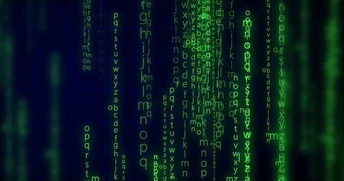 Neon Encrypted Digital Katakana Matrix Rain Alphabets Text. Dark technological backdrop evokes theme of Data Science, AI AGENTS, Communication. Ceaser text shown in e2e encryption. Sci-fi gaming bg
