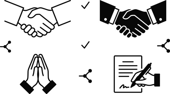 Business deal and agreement vector icon set featuring handshake contract signing praying hands checkmark and node share network symbols
