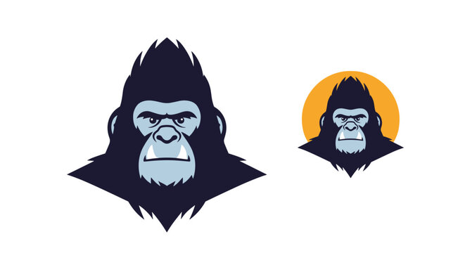 Strong gorilla head illustration shown in two versions, one with an orange sun background and one standalone dark blue icon.