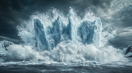 Obraz premium Majestic icebergs rise from turbulent ocean waves under a dramatic sky, illustrating nature's raw power