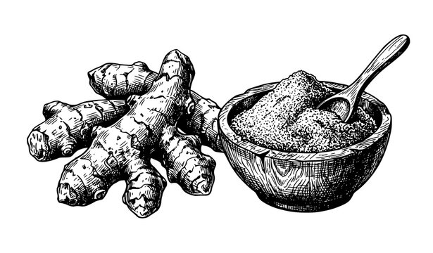 Culinary turmeric powder and root sketch vector hand drawn black and white ink drawing spice isolated